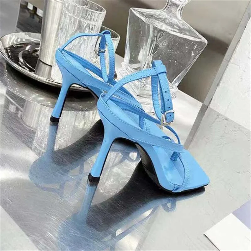 

New Summer Fashion Pinch Narrow Band Women Gladiator Sandal Ladies Square Open Toe Ankle Buckle Strap Stiletto Heels