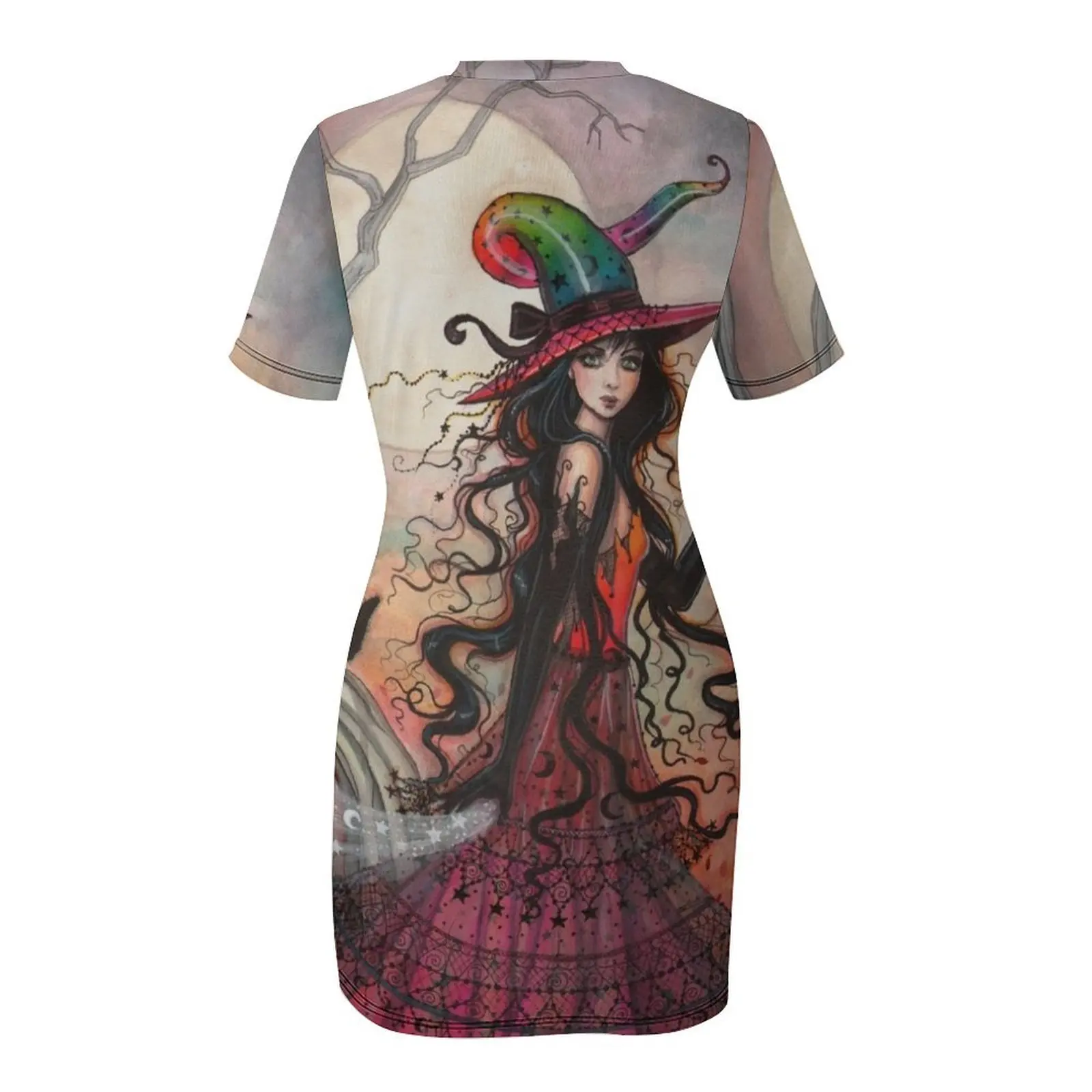 October Flame Witch Cat Fantasy Art от Молли Харрисона Платье с короткими рукавами