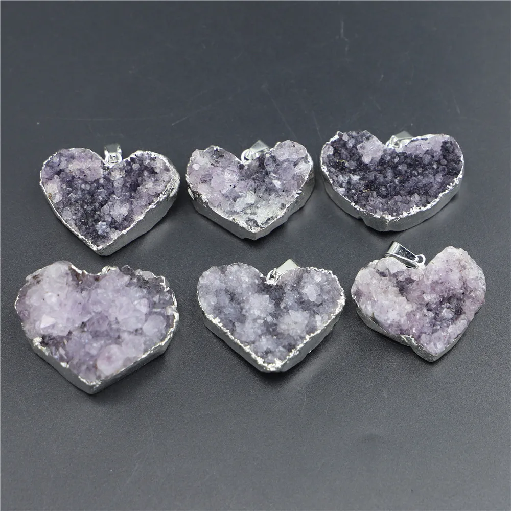 

Natural Stone Amethysts Pendants Heart Silver Spiritual Designer Charms Healing Crystals Jewelry Making DIY Necklace Accessories