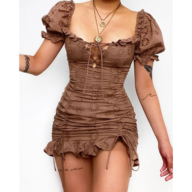 

Women Elegant Sexy Slim Fit Ruffled Hem Mini Dress Lace-up Hollow-out Design Puff Sleeve Ruched Bodycon Dress