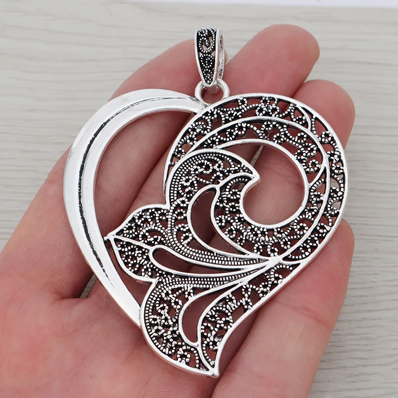 

3 x Large Hollow Open Filigree Heart Shape Charms Pendants Tibetan Silver Color for Necklace Jewelry Making 65x61mm
