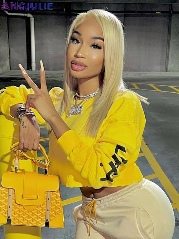 

Angjulie Sweatshirts Y2K Clothes Long Sleeve Top Women Clothes Trends Fashion 2022 Letter Print Tie Dye Gradient Slim Streetwear