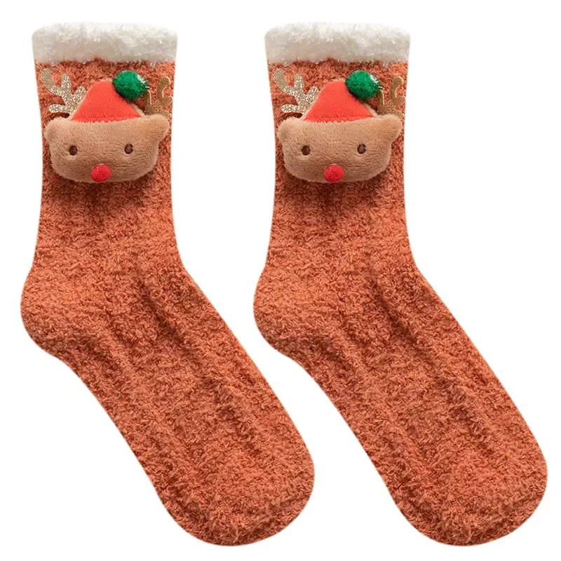 Fleece Women Socks Christmas Elk Bear Candy Gift Winter Thickening Cute Mid-tube Sock Ladies Home Bed Floor Slipper Sox