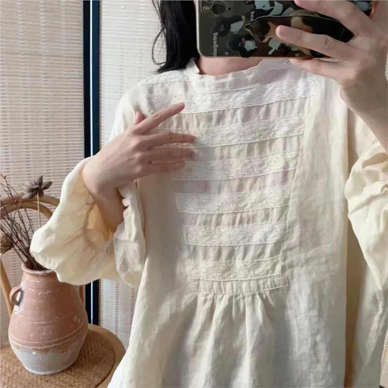 Женская кружевная блузка в стиле ретро Johnature однотонная Свободная рубашка с