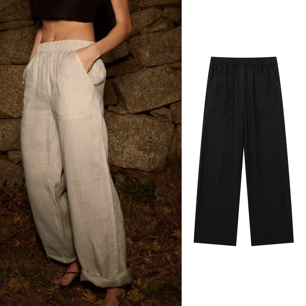 

2023 summer new fashion casual solid color trousers loose comfortable elastic waist linen wide leg pants 8372140