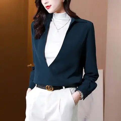 Women Blouses Solid Casual Female Shirts Sexy V-Neck Ladies Tops Fashion Women Clothing OL Basic Patchwork Blouse for Work Shirt