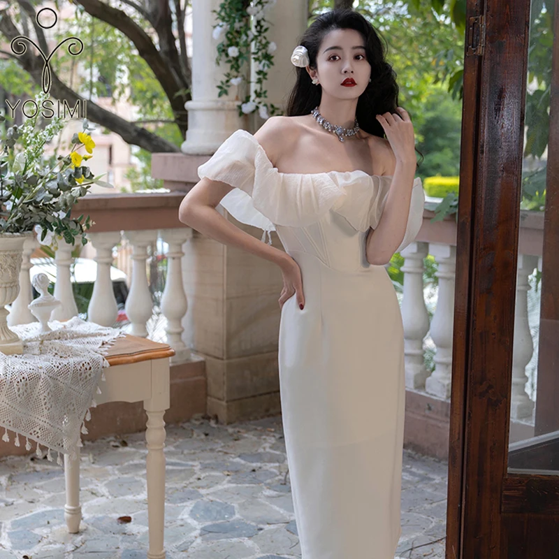 

Женское длинное платье YOSIMI, элегантное облегающее вечернее платье-футляр с открытыми плечами и коротким рукавом, лето 2023