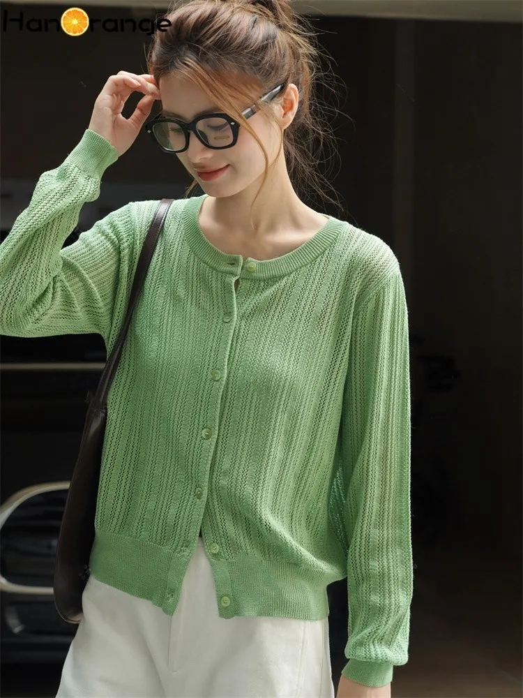 HanOrange 2024 весенний винтажный короткий вязаный кардиган женская вязаная рубашка с