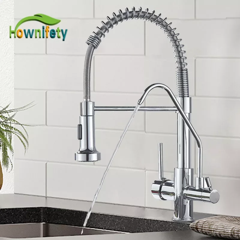 

Chrome Filter Kitchen Faucet Dual Handle Purified Hot Cold Sink Tap 360 Free Rotation Spray Stream Spout Spring Faucet