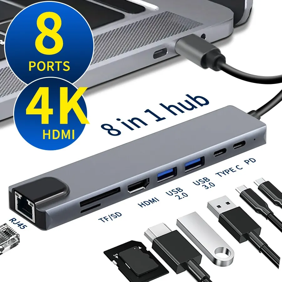 USB C Hub 8 в 1 Type C 3,1 до 4K HDMI адаптер с RJ45 SD/TF кардридер PD Быстрая зарядка для ноутбука MacBook