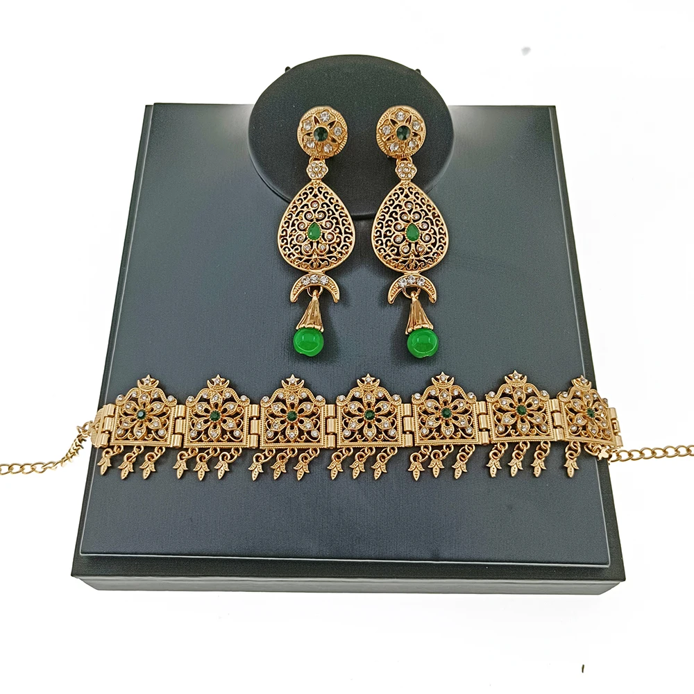 

Algeria Wedding Jewelry Set Bridal Hair Accessories Head Chain Star Moon Shape Red Green White Pendant Female Earrings