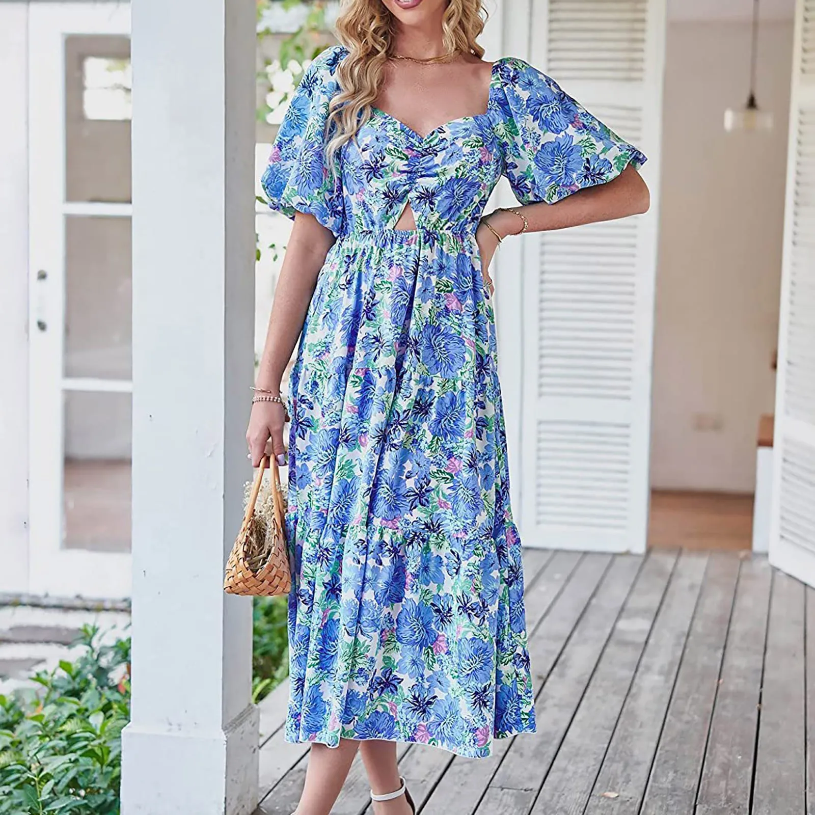 

Женское длинное платье с цветочным принтом, повседневное ТРАПЕЦИЕВИДНОЕ ПЛАТЬЕ с квадратным вырезом и рюшами, с пышными рукавами и высокой талией, на лето