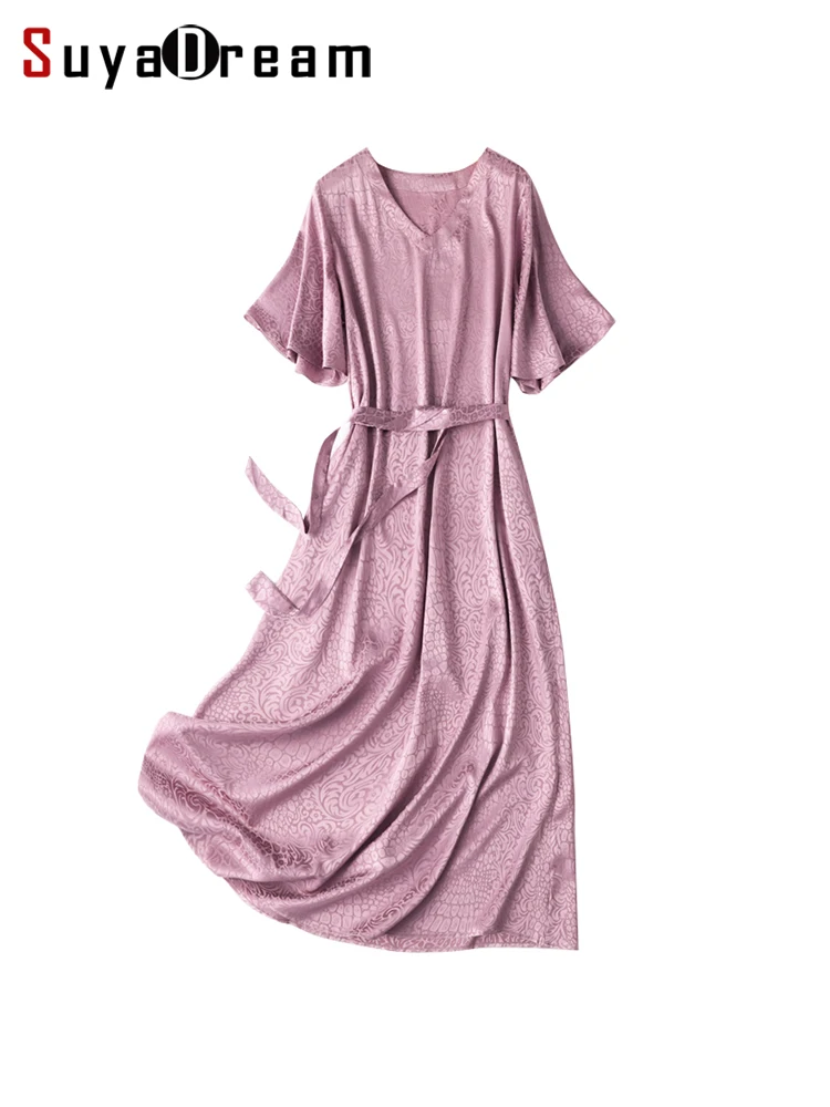 

Женское длинное платье SuyaDream, 93% шелк, 7% спандекс, жаккардовые расклешенные рукава, ТРАПЕЦИЕВИДНОЕ ПЛАТЬЕ С v-образным вырезом и поясом, весна...