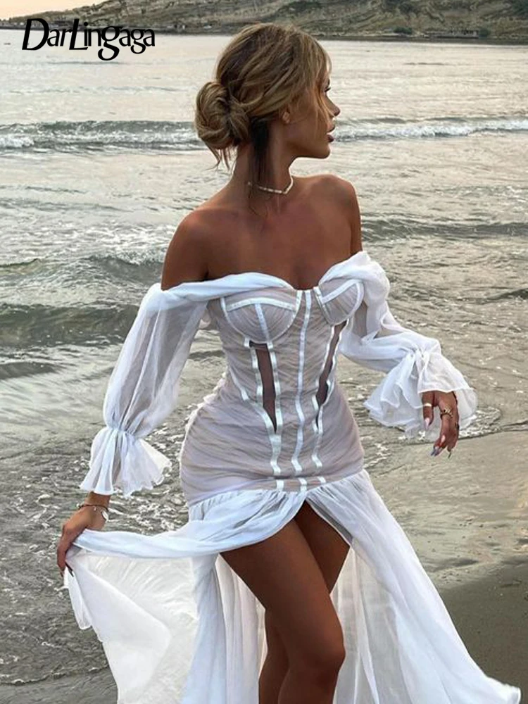

Darlingaga Fashion Off Shoulder White Corset Sexy Beach Mesh Dress Female Stitching Ruched Elegant Party Maxi Dress Split Prom