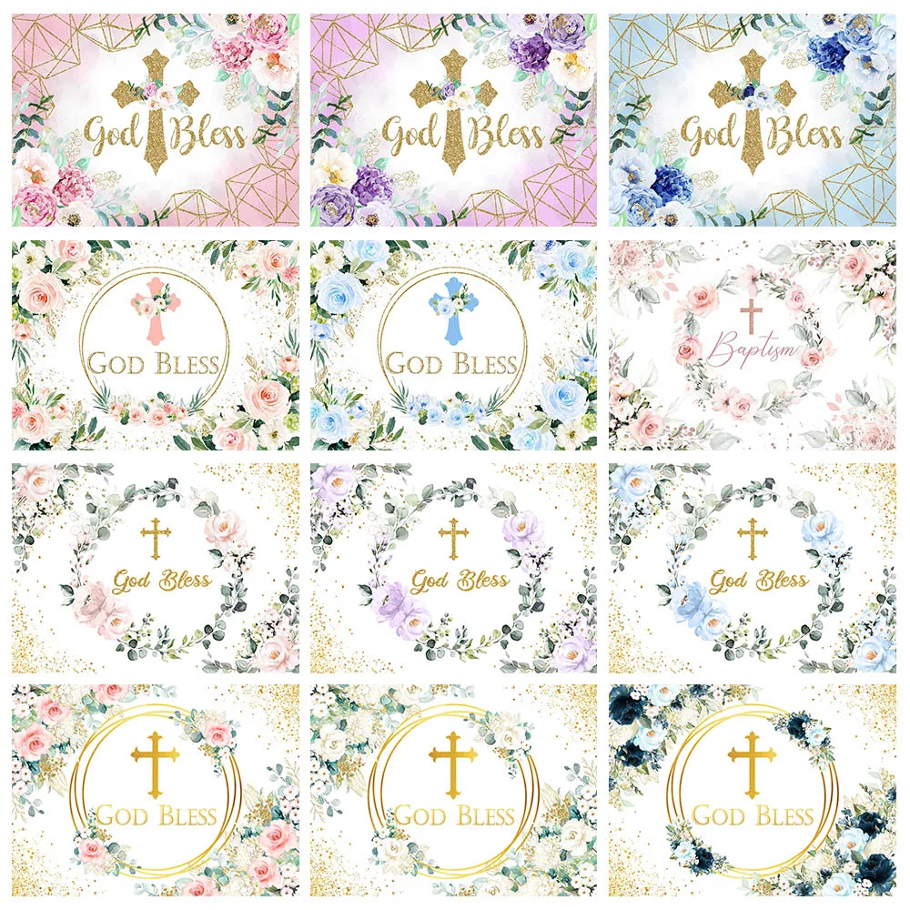 

Mocsicka God Bless Cross Baby Baptism Photography Backdrop Girl First Communion Flowers Photo Background Studio Photoshoot Props