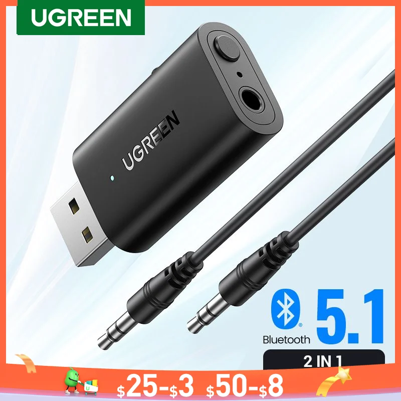 

UGREEN 2 in 1 Bluetooth Car Adapter Bluetooth 5.1 Stereo Transmitter Receiver Wireless 3.5mm Aux Jack Adapter Car Kit Mic