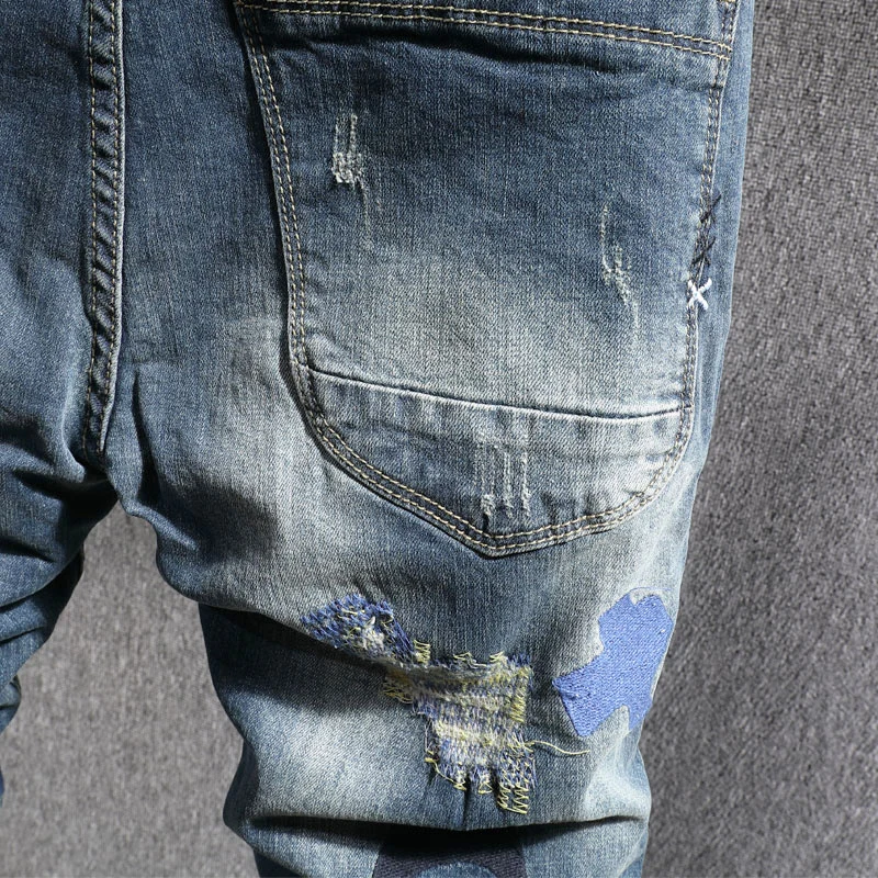 Fashion Designer Men Jeans Slim Fit Retro Blue Patched Ripped Jeans Men Trousers Embroidery Hip Hop Stretch Denim Pants Hombre