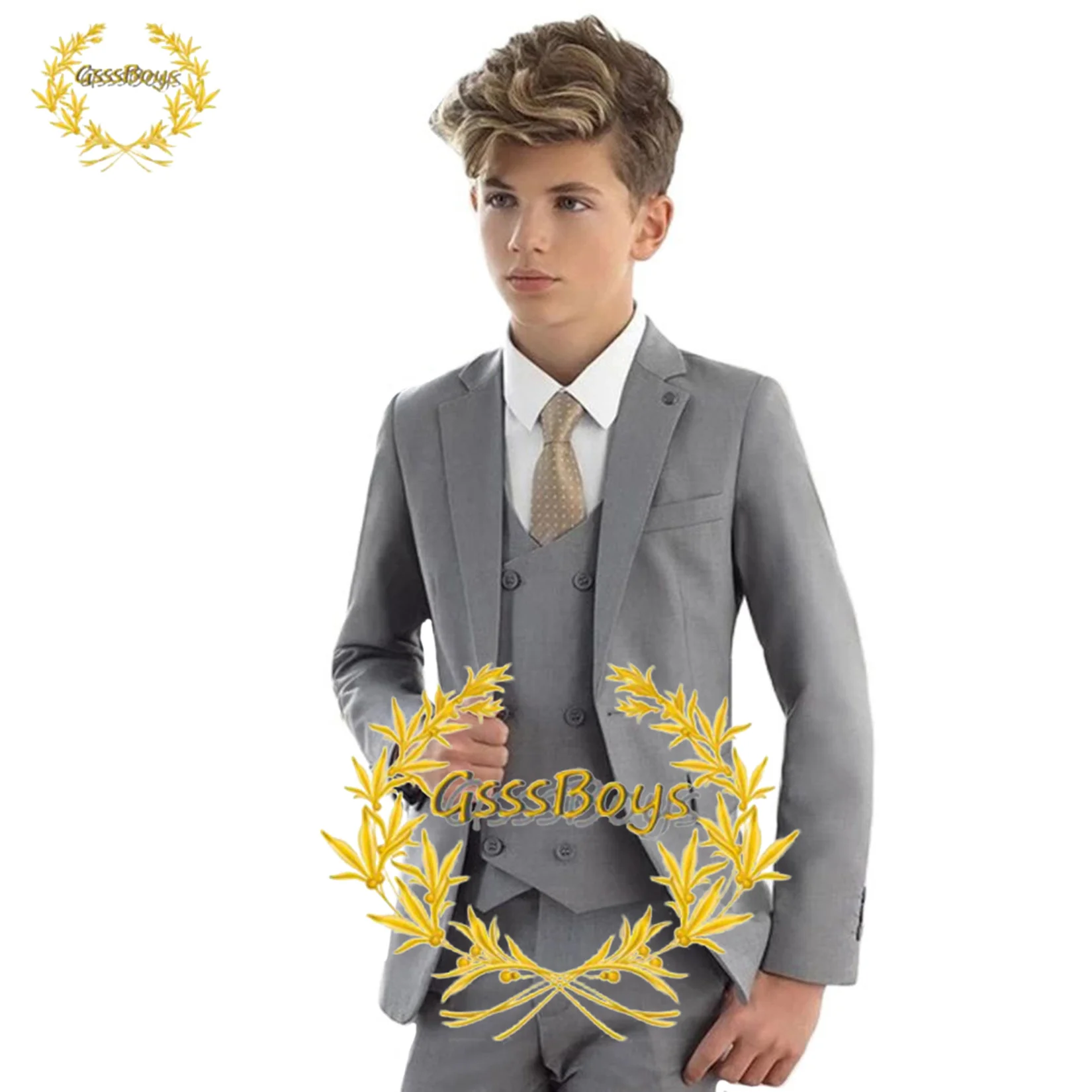 Grey Boys Suit Wedding Tuxedo 3 Piece Double Breasted Vest Pants Jacket Kids Formal Blazer Set Custom 2-16 Years Old