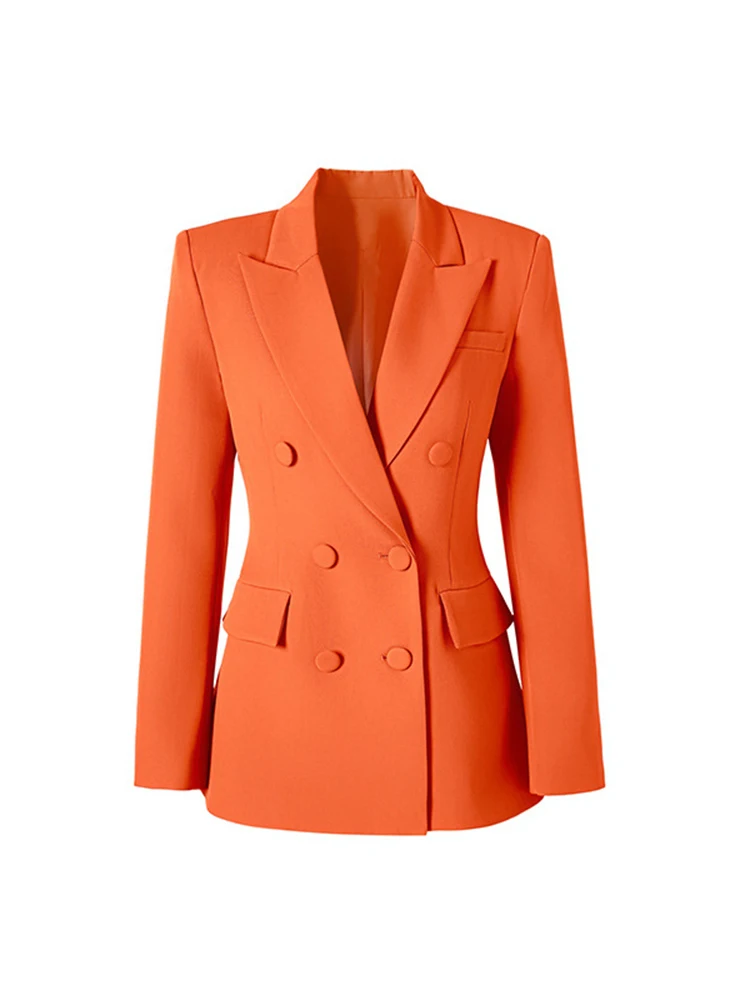 ZJYT Elegant Double Breasted Blazers for Women Jacket Coat Autumn Winter Notched Collar Pink Office Lady Outerwear Female Tops