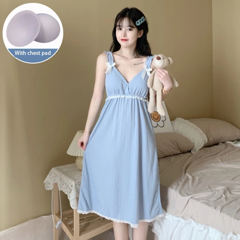 V-neck chest pad nightdress women's summer new cotton princess style Korean version sexy sweet and cute nightdress home service
