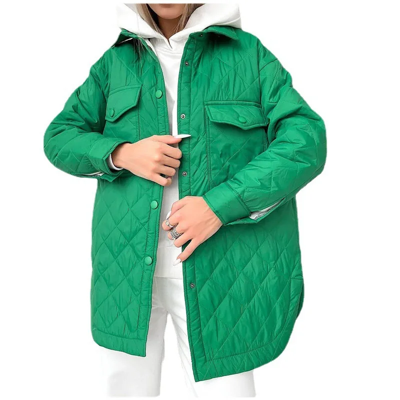 Long Breasted Lapels Loose Warm Rhombus Cotton-Padded Jacket New 2022 Autumn and Winter Joker Padded Cotton-Padded Women