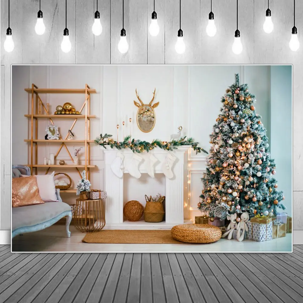 

Golden Reindeer Christmas Fireplace Socks Photography Backdrops Kids Cupboard Bell Light Tree Wreath Decoration Photo Background