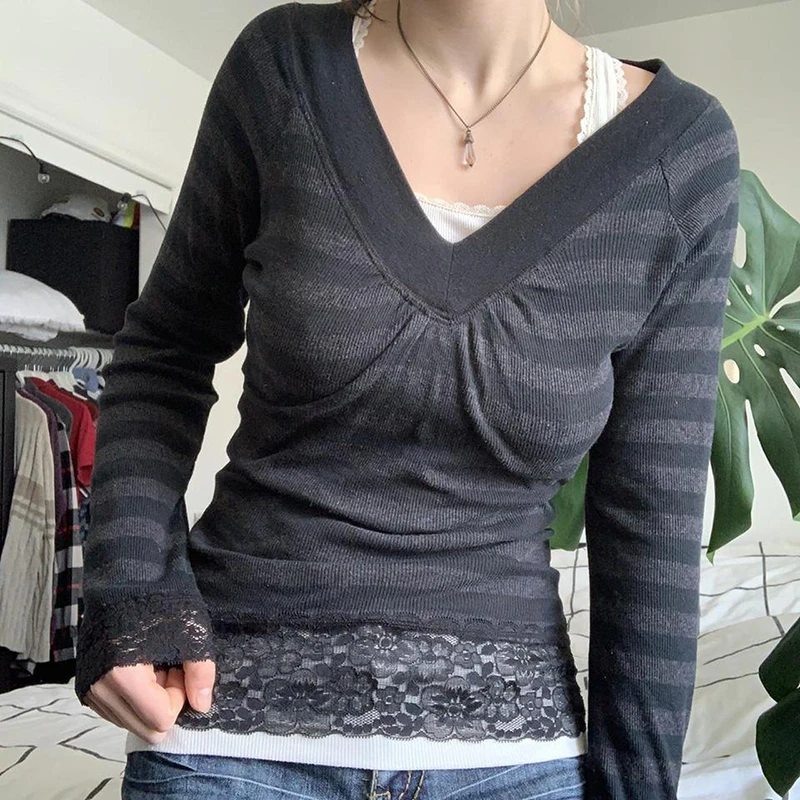 

Y2K Mall Goth Striped Knitted Sweater 90s Vintage Chic Women Grunge Pullovers Tops Retro Aesthetic Fairy Jumpers T Shirt Autumn