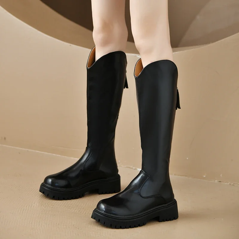 

Новинка 2023, женские высокие сапоги, женские нескользящие Водонепроницаемые зимние сапоги до колена из искусственной кожи на молнии, женские длинные сапоги на толстой подошве