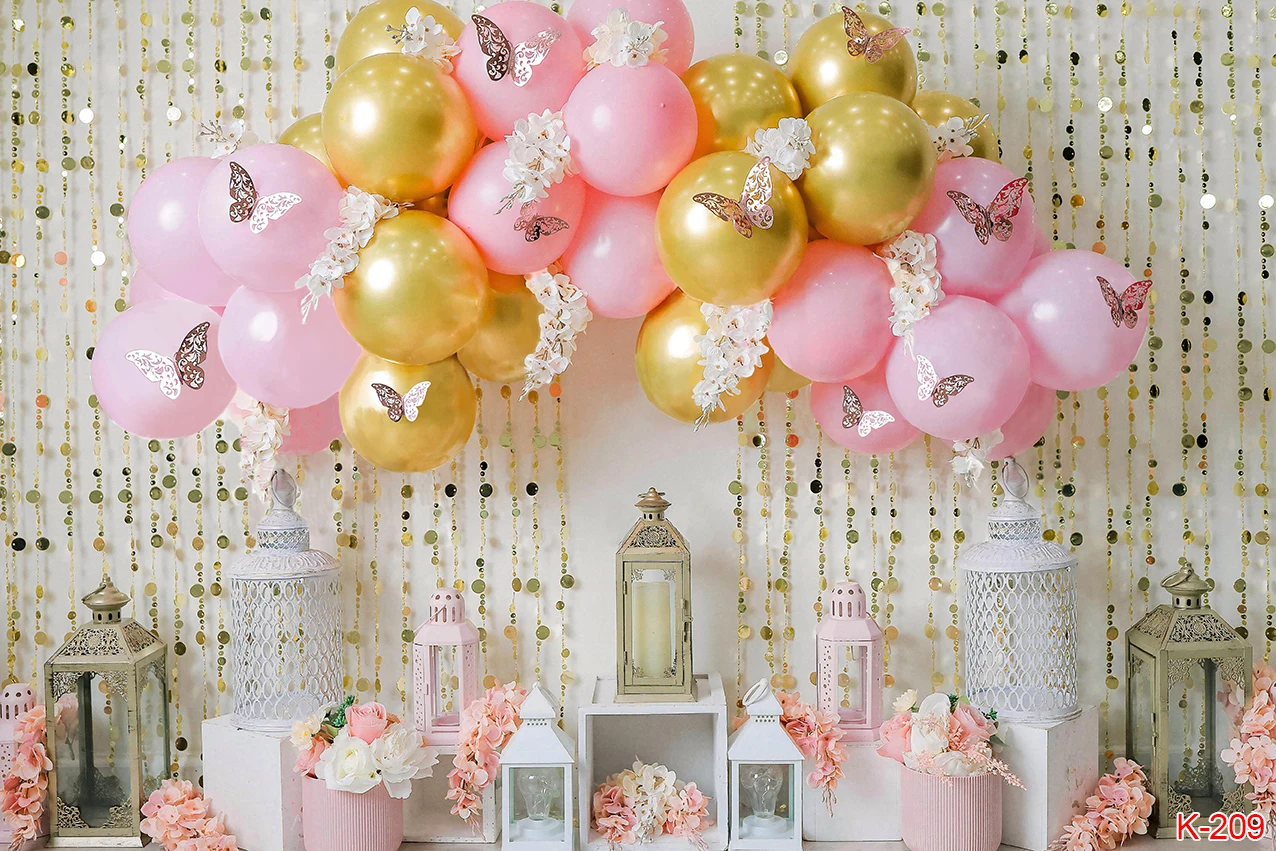 Фон для фотосъемки с розовыми цветами воздушными шарами бабочкой девушками на 1-й