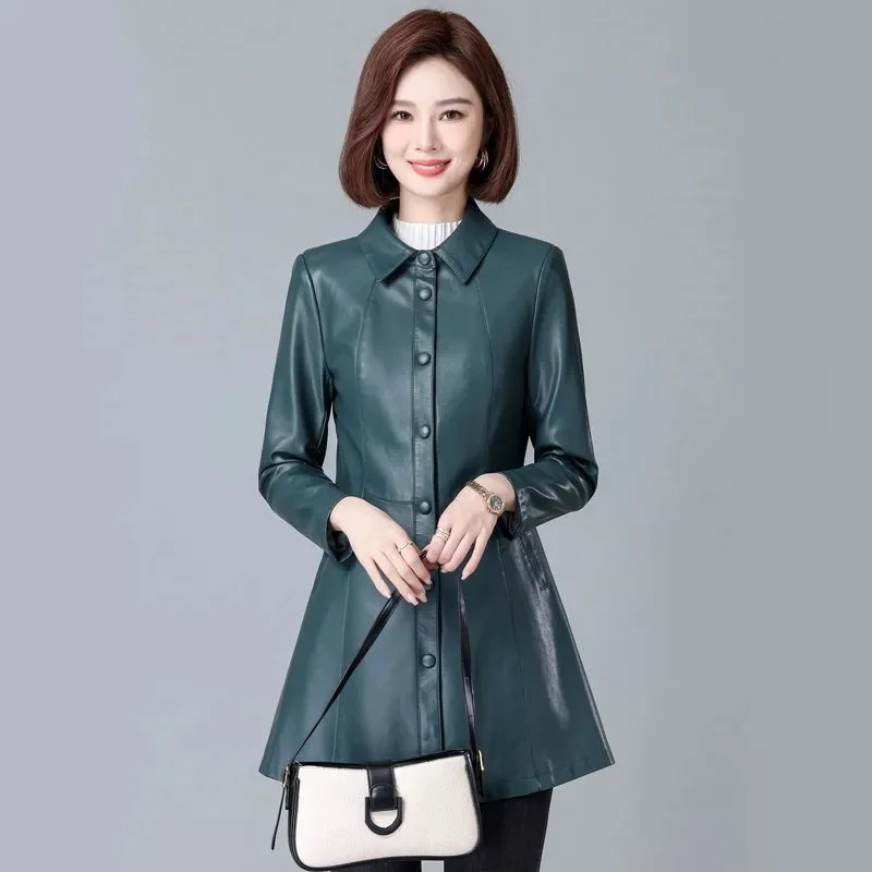 

Женская Осенняя одежда из искусственной кожи, длинный тонкий повседневный тренчкот, Корейская версия, свободная одежда с квадратным вырезом для поездок