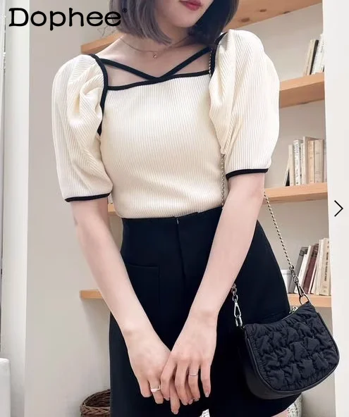 

Летний вязаный свитер, футболки, топ, Женская облегающая тонкая полосатая футболка с коротким рукавом и квадратным вырезом, со шнуровкой