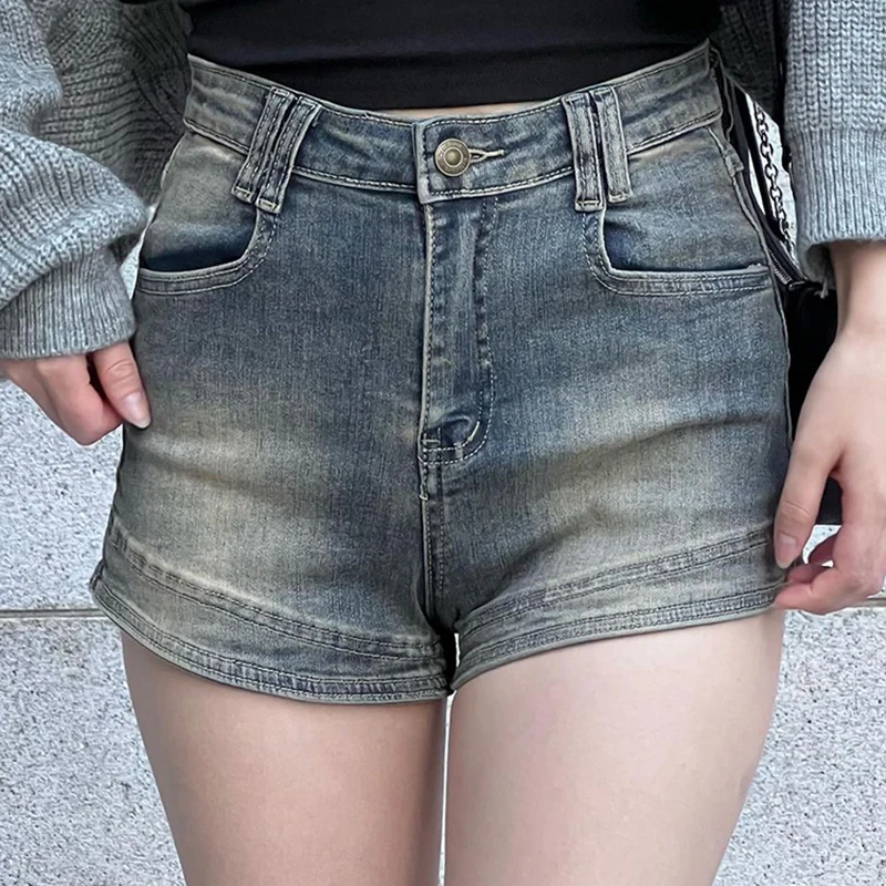 

y2k Summer Women Denim Shorts Washed Vintage Jeans Low-waisted Slim-Fit Pocket Shorts Korean Fashion Hot Girls High Streetwear