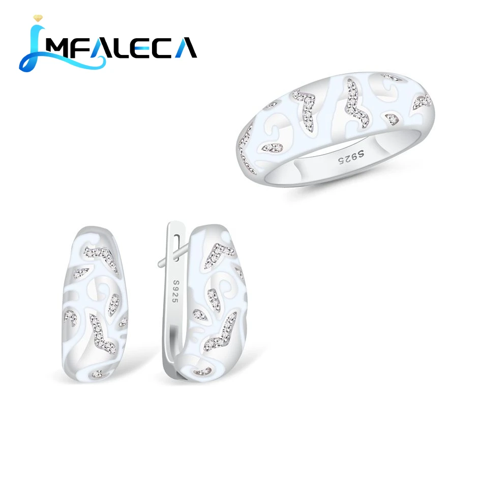 Luxury Enamel Silver 925 Jewelry Sets for Women White Enamel Clip Earrings Ring Necklace Fine Party Gift Jewelry
