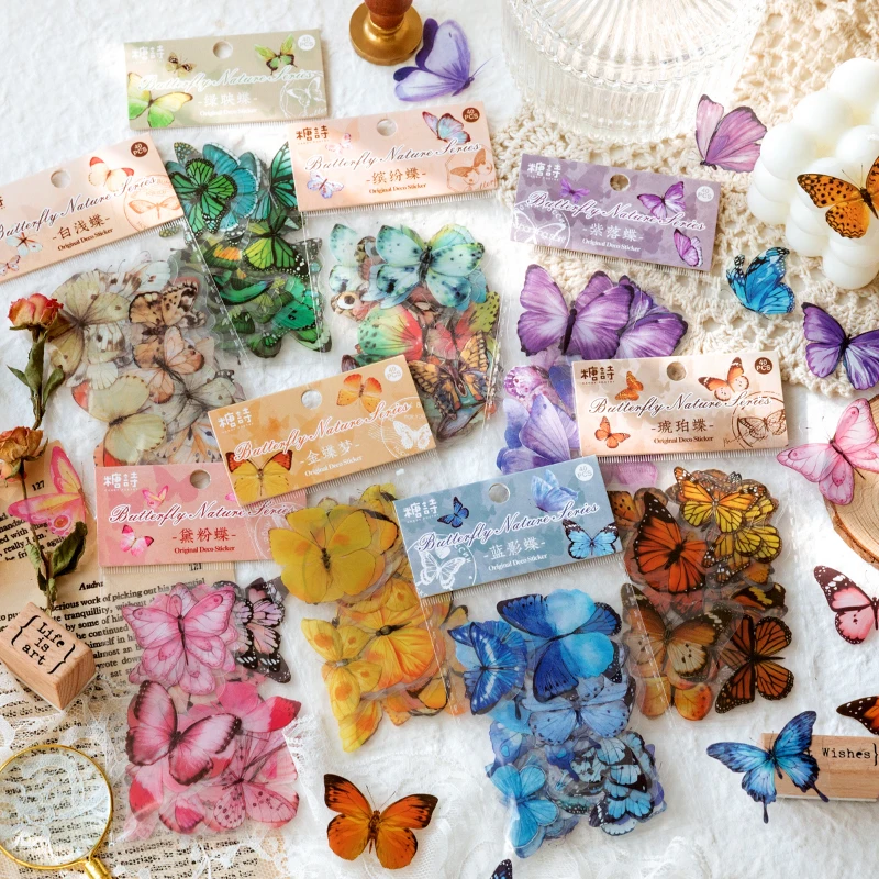 

40 packs wholesale PET Sticker Pack Butterfly Nature Handbook Diary DIY Decorative Stickers colourful Literature 8 styles