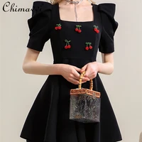 elegant square collar puff sleeve black short dress for female 2022 summer new slim waist cherry decorative dress womens
