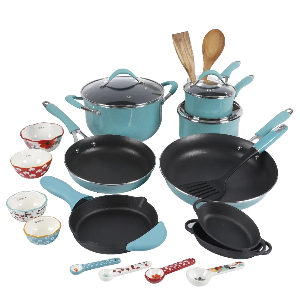 

Frontier Speckle 24-Piece Aluminum Cookware Combo Set, Turquoise Pots and Pans Cooking Pot