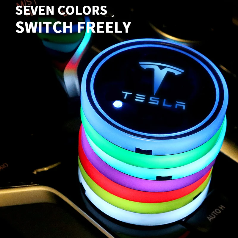 

2Pcs Led Car Logo Cup Lights Luminous Coaster Drinks Holders Light For Tesla model 3 model X Y style MODEL S ROADSTER 2021 logo