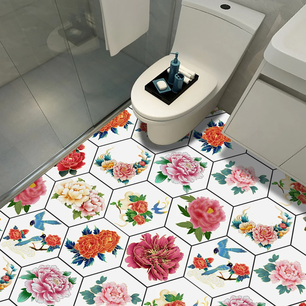 

10 шт. Пионовые цветы, шестигранная плитка, наклейка на пол, кухня, ванная, спальня, домашний декор, водостойкие художественные настенные накл...