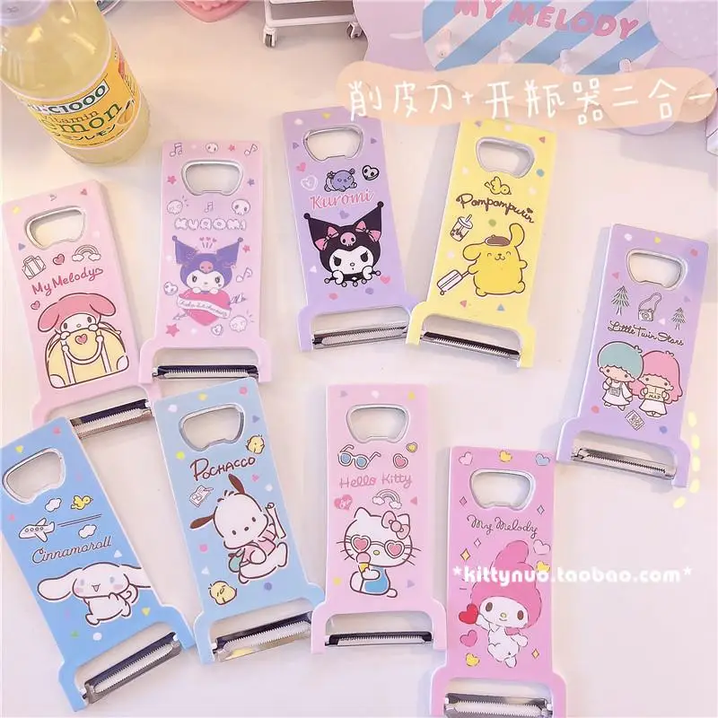 

Kawaii Sanrios Peeling Knife Cute Kitty Kuromi My Melody Cinnamoroll Cartoon Dual-Purpose Fruit Peeler Bottle Opener for Girls
