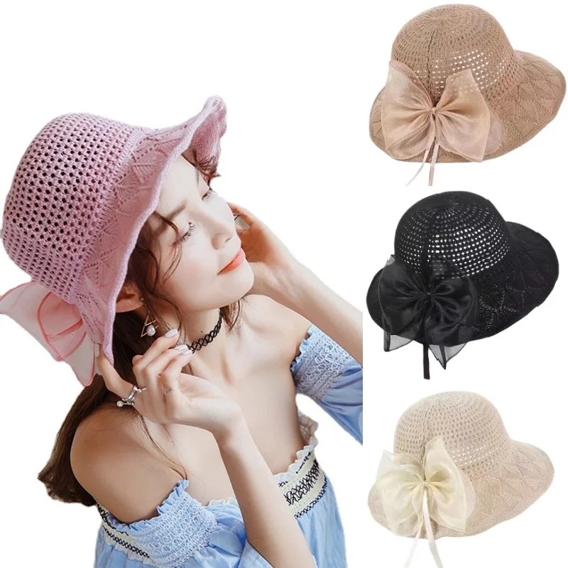 

Summer Ladies Straw Hollow Sun Hat Women Travel Sunscreen Foldable Bowknot Panama Straw Hat Bucket Hat