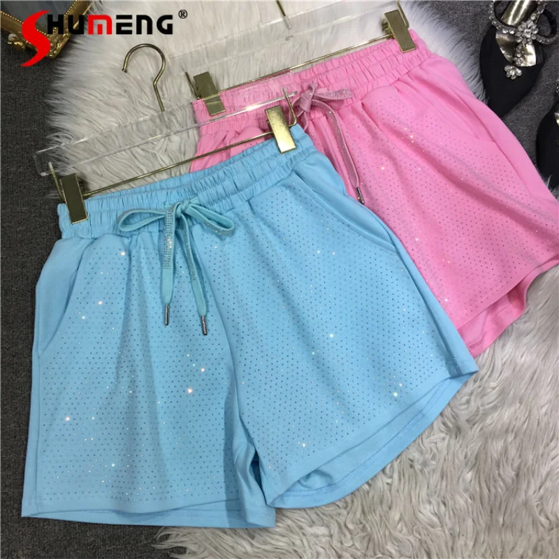 Heavy Embroidery Hot Drilling Shorts Women's Age-Reducing Full Diamond Color High Waist Wide Leg Summer Versatile Slim Fit Pants