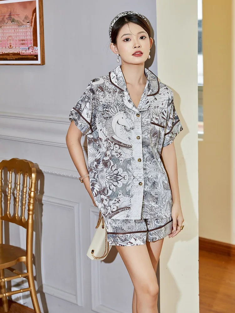 

Loose Satin Summer Shorts Suit Silk Women's Print Pajama Set 2 Pieces with Pants Ladies Sleepwear Short Sleeve Pijama Set Home