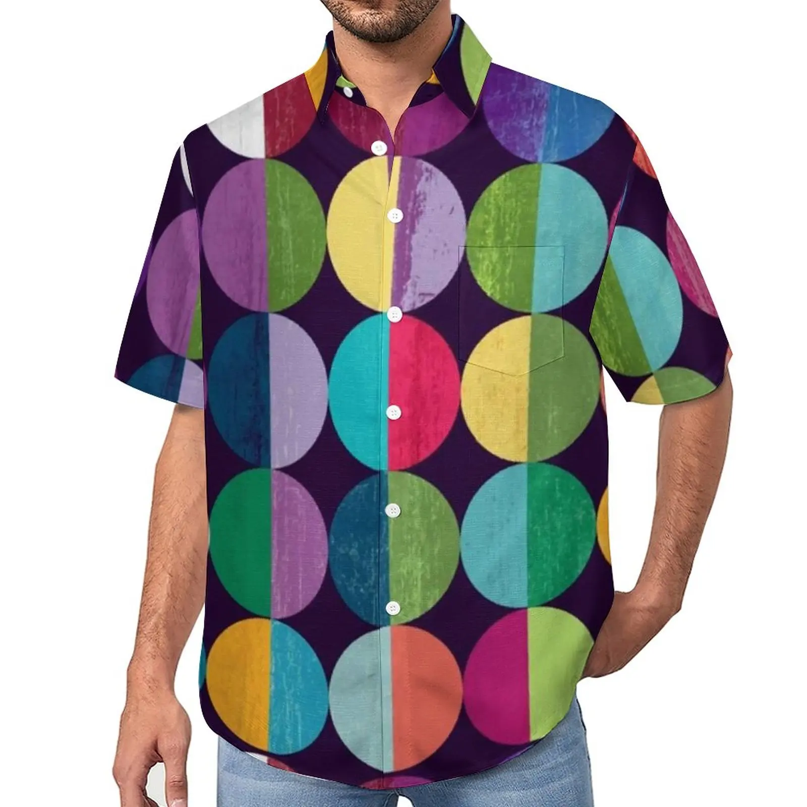 

Colorful Moon Art Casual Shirts Circle Print Vacation Shirt Hawaiian Y2K Blouses Male Graphic Plus Size 3XL 4XL