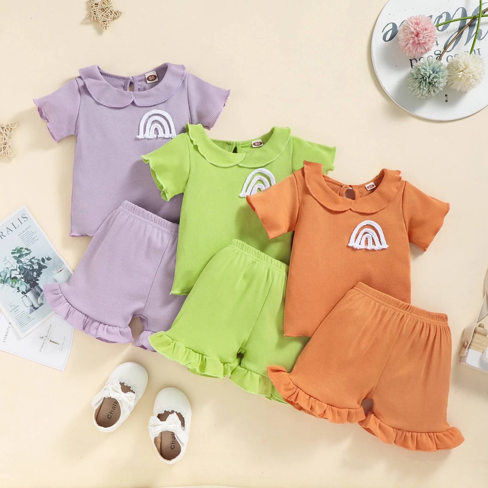 

Комплект детской одежды Lioraitiin для девочек 0-5 лет, 2022-05-19, топы в рубчик с коротким рукавом и кукольным воротником и радужным рисунком