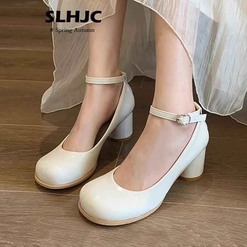 

SLHJC Leather Mary Janes Pumps Shoes Retro Round Toe Ankle Buckle Med Heels Spring Fashion Heels Lady Vintage Shoes