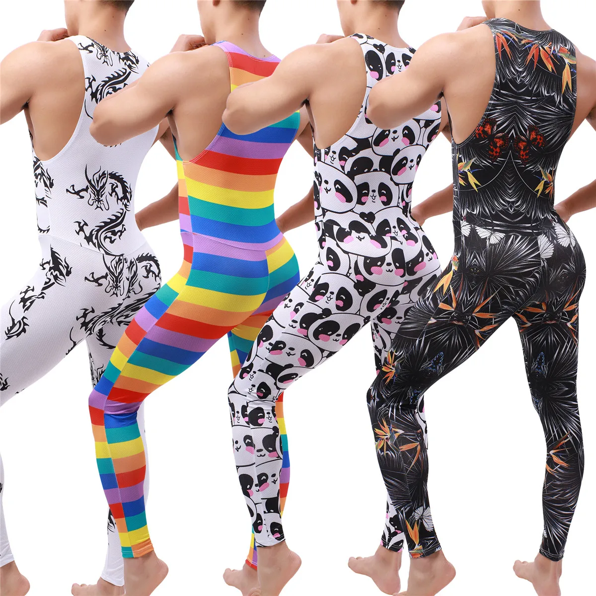 YUFEIDA Mens Undershirt Leotard Sleeveless Rainbow Printed Jumpsuit Men's Leggings Underwear Bodysuit Wrestling Singlet Pajamas