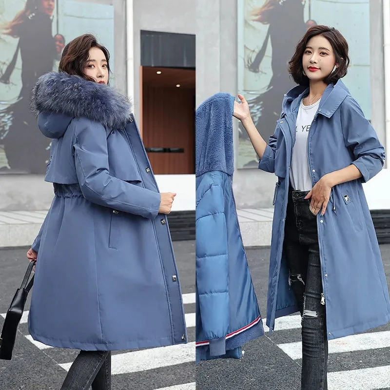 

Новинка 2022, зимняя одежда, женские парки, зимняя куртка, толстое теплое длинное пальто с капюшоном, Женская парка, куртки со съемной меховой ...