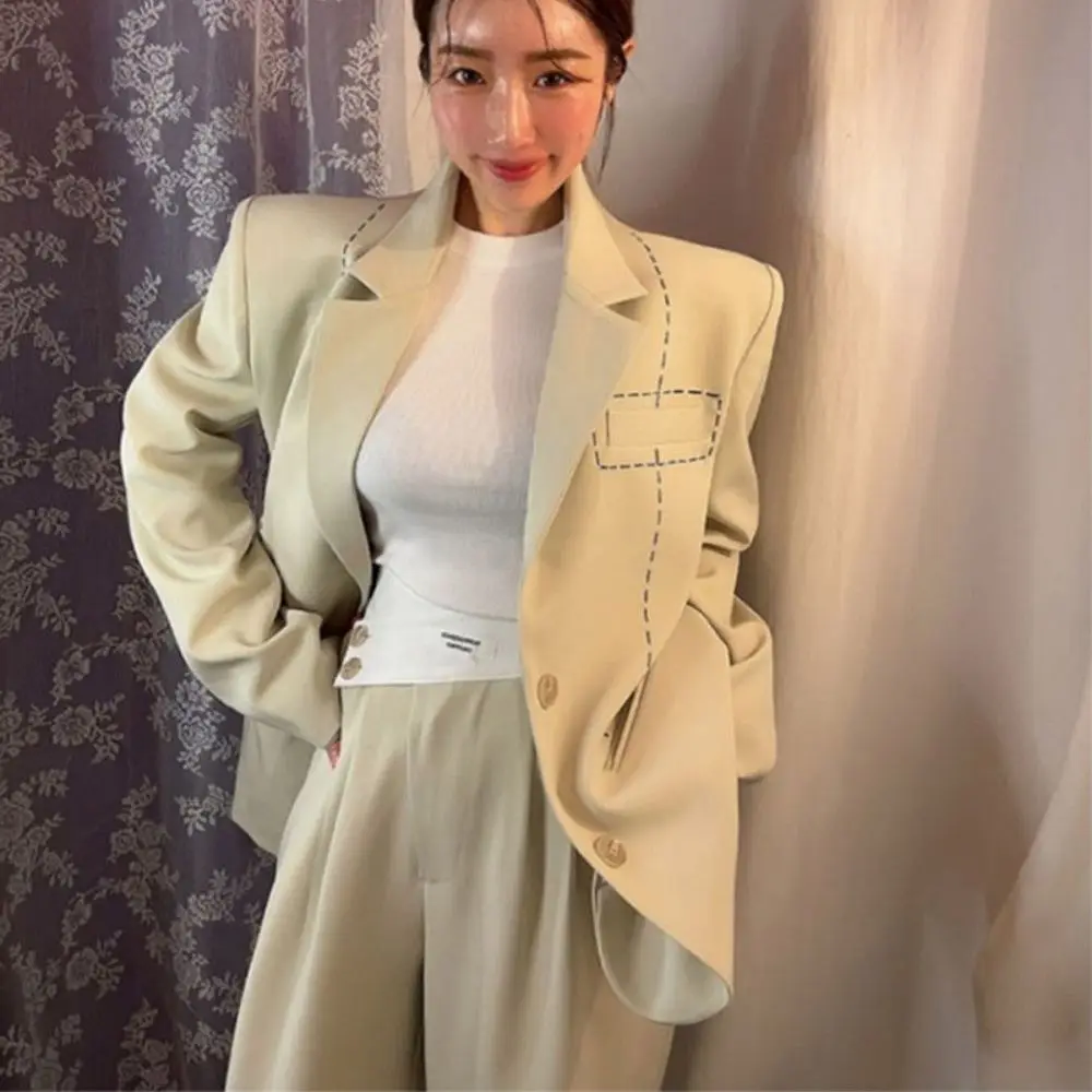 2023 Spring Fashion Loose Women Trouser Suits Long Sleeve Single-Breasted Blazer & High Waist Pants Office Ladies 2 Piece Set