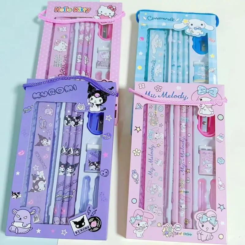 

Sanrio аниме Kawaii Cinnamoroll Hello Kitty Kuromi канцелярские принадлежности Набор студентов Обучающие канцелярские принадлежности карандаш линейка канцелярская подарочная коробка