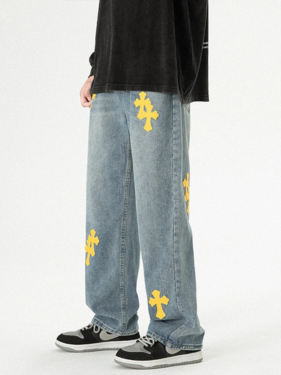 Four Seasons Men's Jeans American Trend Street Loose Cross Embroidery High Street Y2k Men Jeans Streetwear Men's Ins Hot Sale
